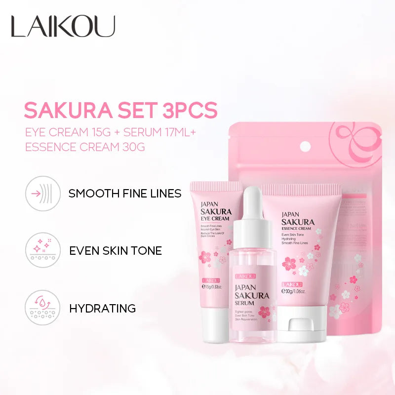 3pcs/set LAIKOU Vitamin C 24K Golden Sakura Skin Care Sets Face Cream Serum